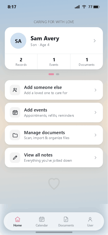 iDocThis home screen showing a loved one card and quick action buttons