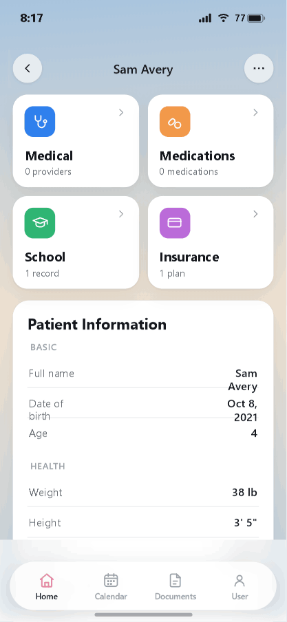 Loved one profile with Medical, Medications, School, and Insurance tiles