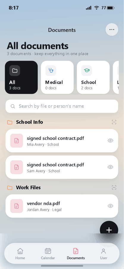 Documents tab showing filter chips, search, and grouped files
