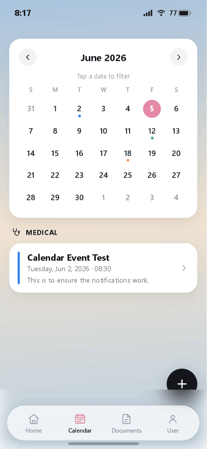 Calendar tab with a monthly grid and an event listed below